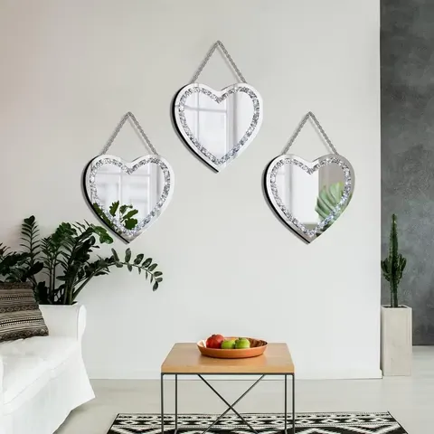 Crystal Crush Heart Shaped Silver Diamond with Stainless Steel Chain for Wall Decoration Mirror and Room Mirror Designer Mirror