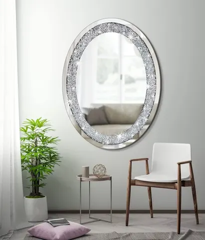 Crystal Diamond Oval Silver or Decorative Wall Hanging Frameless Sparkling Mirror Glass Home LED  Diamond Decorative Room Mirror
