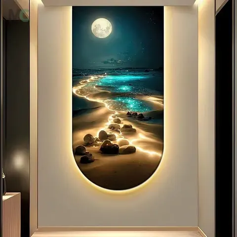 Cure the Sea Wave Porch Wall Art Home Decor Painting Moon Aurora Is Opposite the Door Hanging Light Luxury Sea View Mural