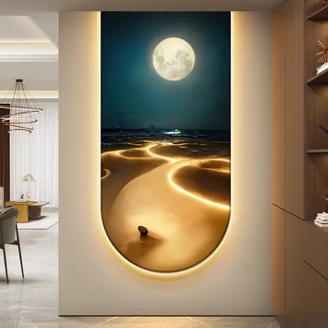 Cure the Sea Wave Porch Wall Art Home Decor Painting Moon Aurora Is Opposite the Door Hanging Light Luxury Sea View Mural