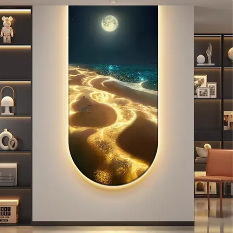Cure the Sea Wave Porch Wall Art Home Decor Painting Moon Aurora Is Opposite the Door Hanging Light Luxury Sea View Mural