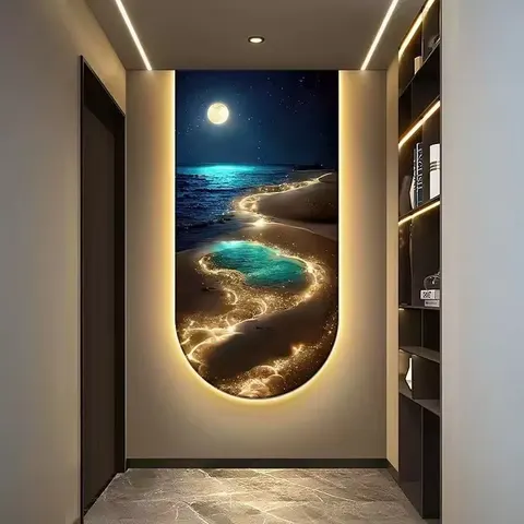 Cure the Sea Wave Porch Wall Art Home Decor Painting Moon Aurora Is Opposite the Door Hanging Light Luxury Sea View Mural