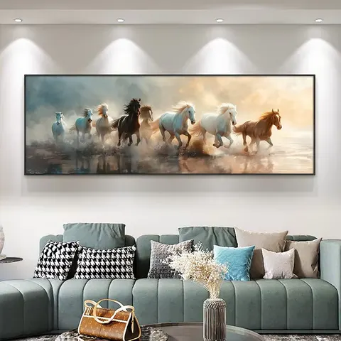 Custom Animal Mural Eight Horses Running Crystal Porcelain Painting with Aluminum Frame for Office and Home Decor