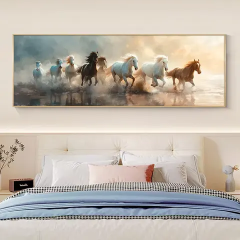 Custom Animal Mural Eight Horses Running Crystal Porcelain Painting with Aluminum Frame for Office and Home Decor