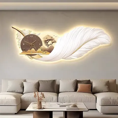 Customized Rainbow Feather Art High Definition Crystal Painting with LED Backlight and Silent Clock Creative Home Decor
