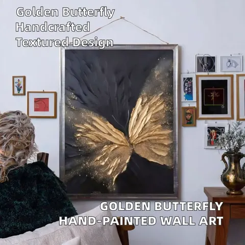 Dafen Village Hand-Painted Oil Painting Golden Butterfly Entrance Abstract Texture Living Room Sofa Background Metal Hanging