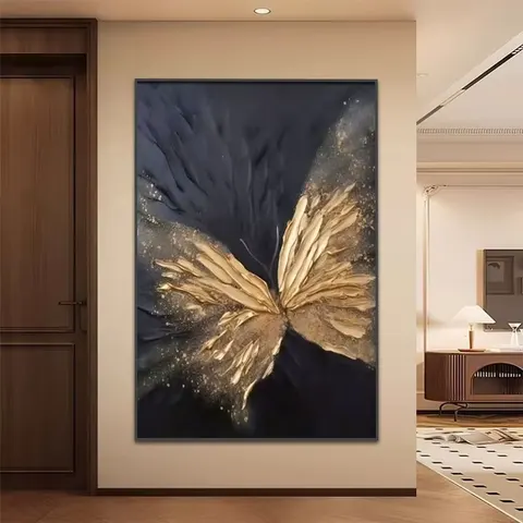 Dafen Village Hand-Painted Oil Painting Golden Butterfly Entrance Abstract Texture Living Room Sofa Background Metal Hanging