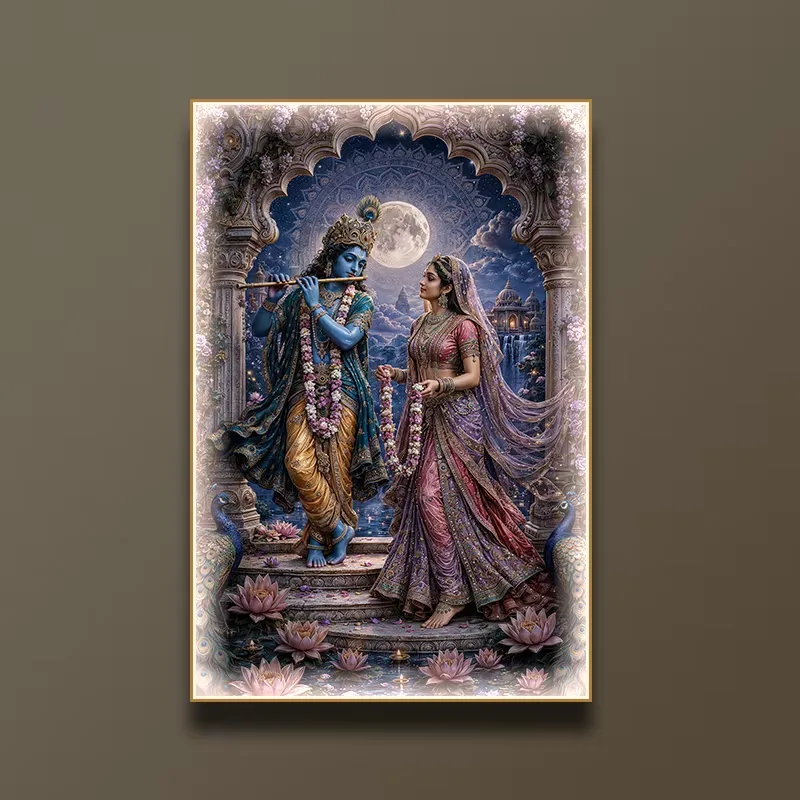 Decorative Painting of Lord Rada Krishna Vertical Wall Hanging Featuring Krishna From Indian Mythology