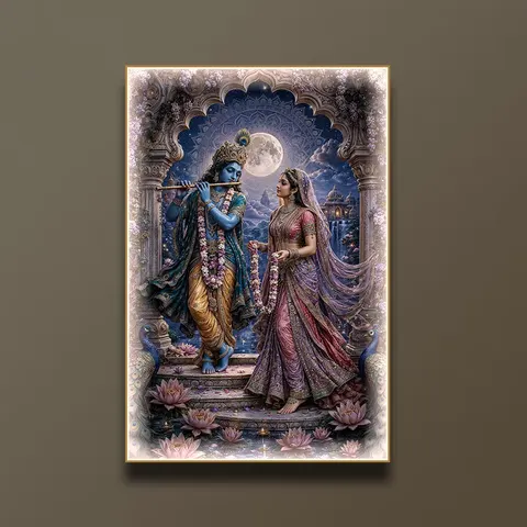 Decorative Painting of Lord Rada Krishna Vertical Wall Hanging Featuring Krishna From Indian Mythology