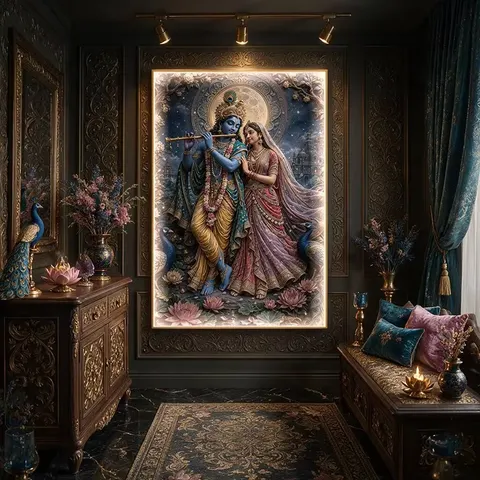 Decorative Painting of Lord Rada Krishna Vertical Wall Hanging Featuring Krishna From Indian Mythology
