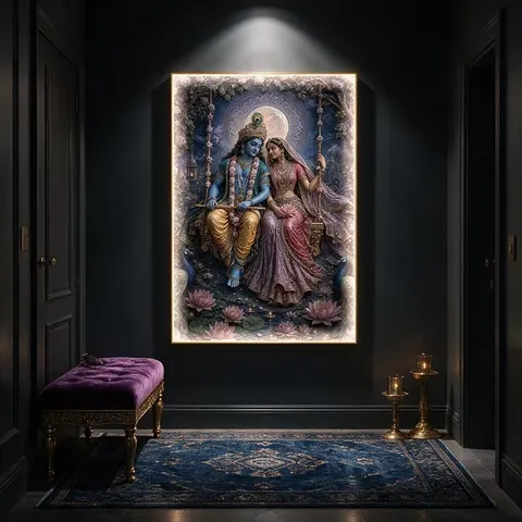 Decorative Painting of Lord Rada Krishna Vertical Wall Hanging Featuring Krishna From Indian Mythology