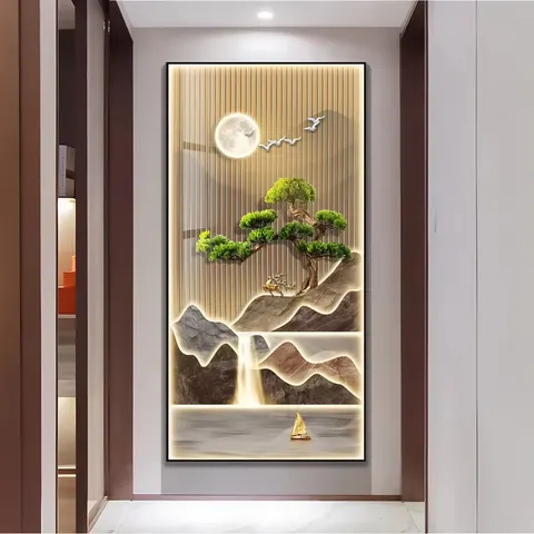 Deer Landscape Mural with LED Surrounded by Glowing Decorative Paintings Crystal Porcelain Painting Wall Art Home Decor