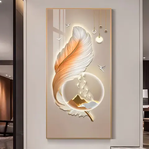 Deer Landscape Mural with LED Surrounded by Glowing Decorative Paintings Crystal Porcelain Painting Wall Art Home Decor