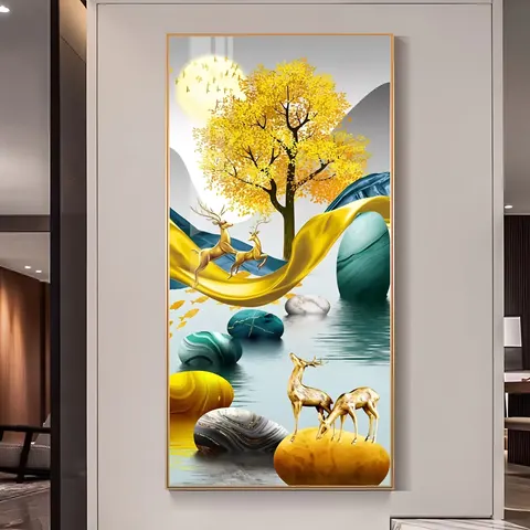 Deer Mural with LED Surrounded by Glowing Decorative Paintings Crystal Porcelain Painting Wall Art Home Decor
