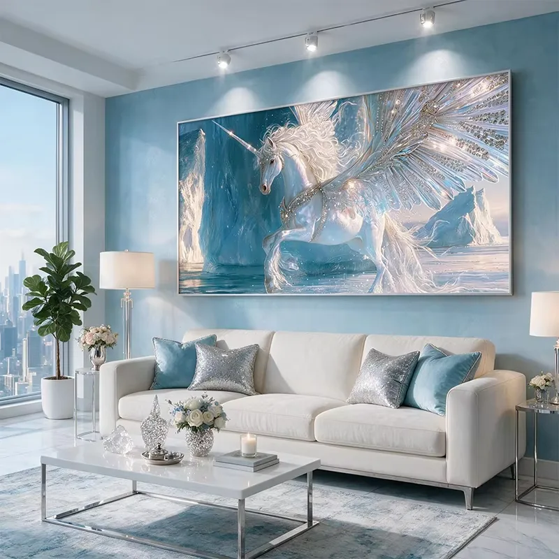 Diamond Encrusted Winged Unicorn Canvas Wall Art, Aluminum Alloy Frame, Ice Glacier Fantasy Horse Decor Painting for Living Room