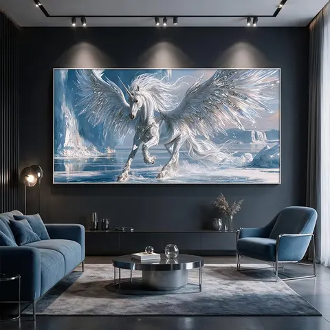 Diamond Encrusted Winged Unicorn Canvas Wall Art, Aluminum Alloy Frame, Ice Glacier Fantasy Horse Decor Painting for Living Room