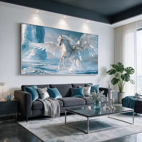 Diamond Encrusted Winged Unicorn Canvas Wall Art, Aluminum Alloy Frame, Ice Glacier Fantasy Horse Decor Painting for Living Room