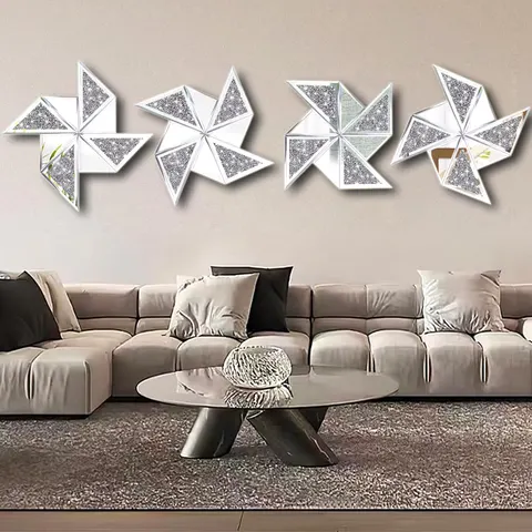 Diamond Sparkly Silver Bathroom Room Mirror 2PCS Frameless Windmill Mirrors Vanity Home Decor for Living Room Hallway