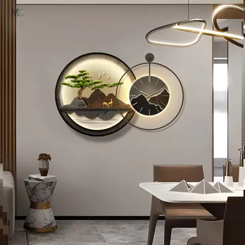 Dining Room Hanging with Metal Clock Crystalline Porcelain Painting Living Room Landscape Murals Wall Art Home Decor