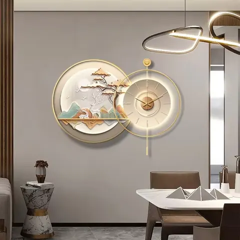 Dining Room Metal Wall Clock Crystal Porcelain Painting Living Room Landscape Mural Wall Art Home Decor Painting