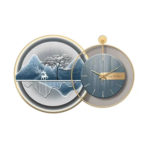 Dining Room Wall Hanging with Metal Clock Crystalline Porcelain Painting Living Room Landscape Mural Wall Art Home Decor