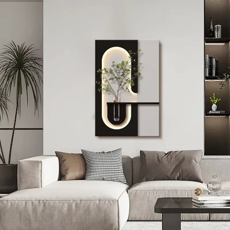Double-layer Combination Sandstone Art Home Decor Painting Hydroponics Green Plants LED Wall Surface Mural Painting