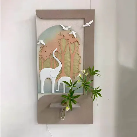 Elephant Sculpture Sandstone Art Home Decoration Paintings Creativity Hydroponics Green Plants Vase LED Decor Painting