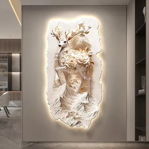 Elk Art Engraving Entrance Hall Home Furnishings Decor Painting Corridor Background Wall LED Crystal Porcelain Painting