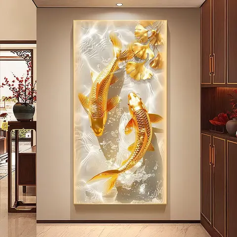 Entrance Decoration Koi Fish LED Lights Luxury Animal Wall Art with Aluminum Alloy and Paper Support Base