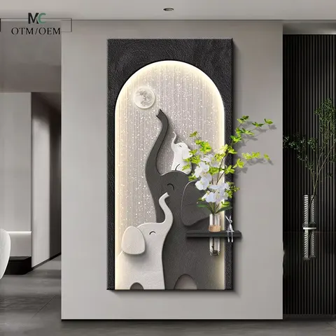 Entrance Hall Sandstone Home Furnishings Decorative Painting Elephant Hydroponics Green Plants Wall Murals LED Painting