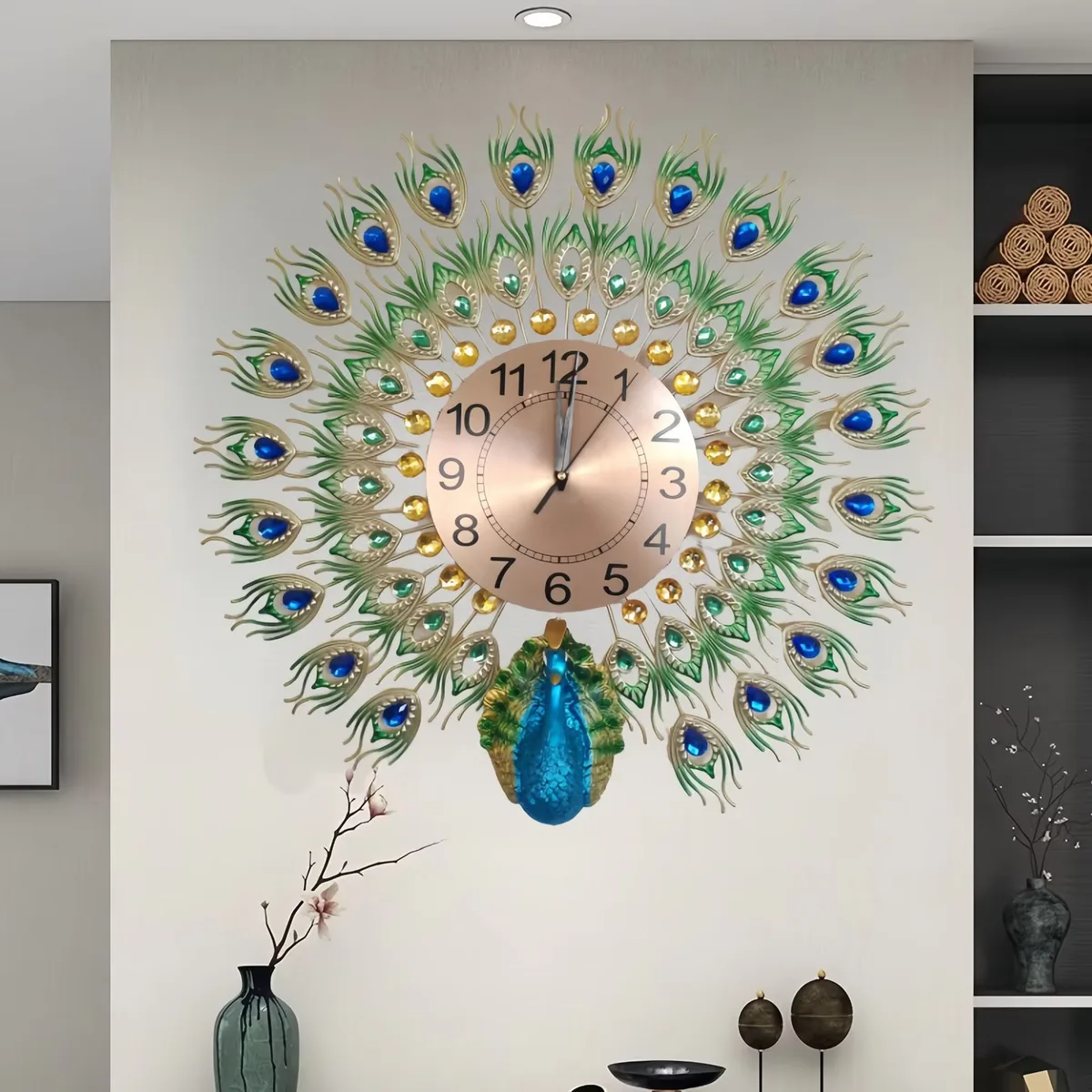 European Style Creativity Peacock Clock Home Decor Painting Living Room Background Wall Ironwork Wall Decor
