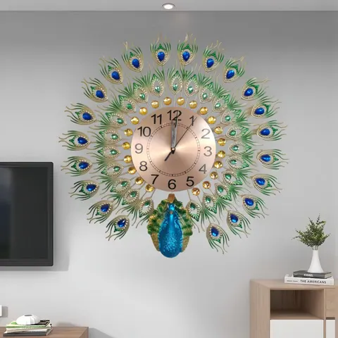 European Style Creativity Peacock Clock Home Decor Painting Living Room Background Wall Ironwork Wall Decor