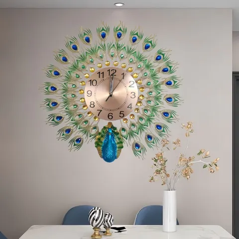 European Style Creativity Peacock Clock Home Decor Painting Living Room Background Wall Ironwork Wall Decor