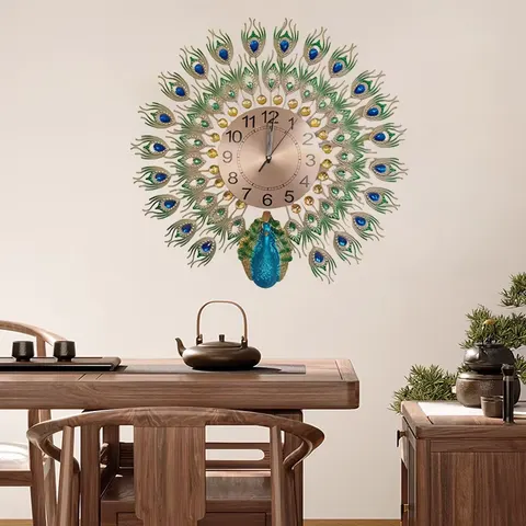 European Style Creativity Peacock Clock Home Decor Painting Living Room Background Wall Ironwork Wall Decor
