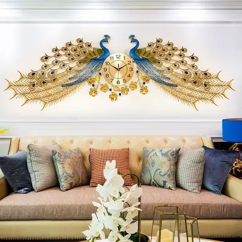 Factory Direct Sale Blue Color Peacock Artist Wall Clock Sofa Background Wall Metal Handicrafts