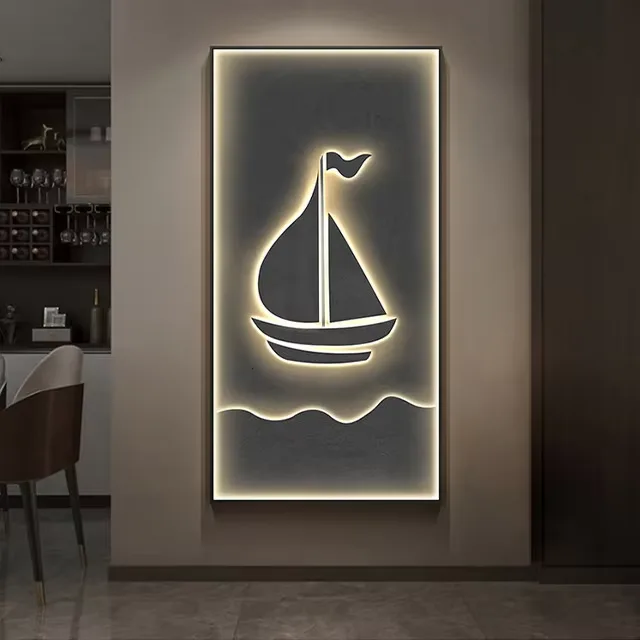 Factory Direct Sales Entrance Hall Background Wall Sailing Boat Art Home Decor Painting Glowed Around LED Decor Painting
