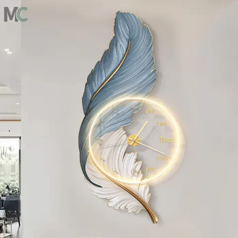 Factory Direct Sales Feather Home Decor Paintings With Clock Art Decor Living Room Sofa Background Wall Acrylic Led Painting