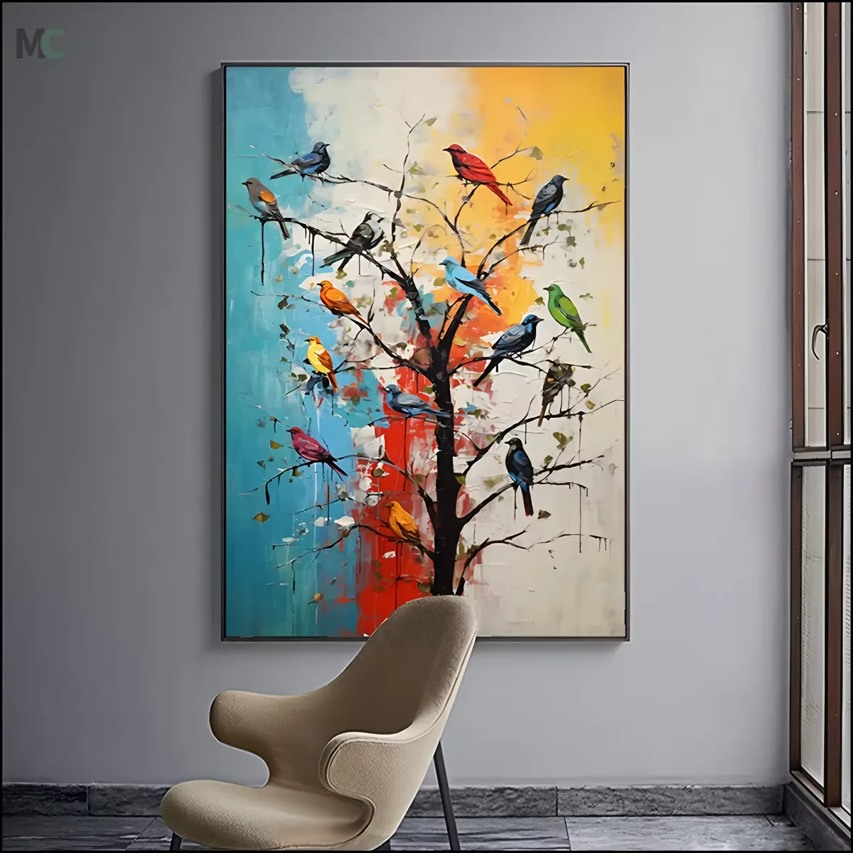 Factory Direct Sales Hand Painted Colorful Bird Hanging Branch Mural Living Room Background Wall Art Home Decor Painting