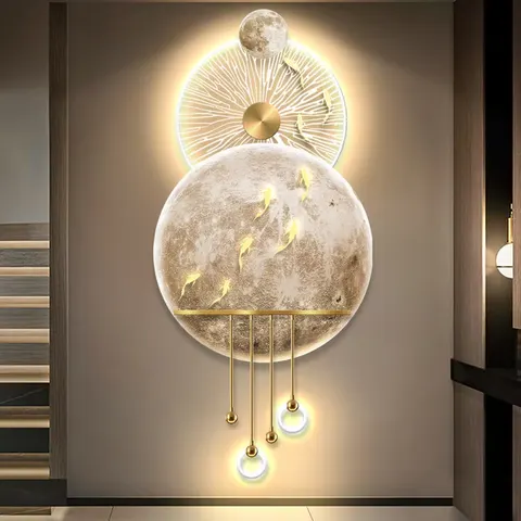 Factory Direct Sales Nine Fish Diagram Moon Acrylic LED Painting Metal Pendant Art Home Decor Painting