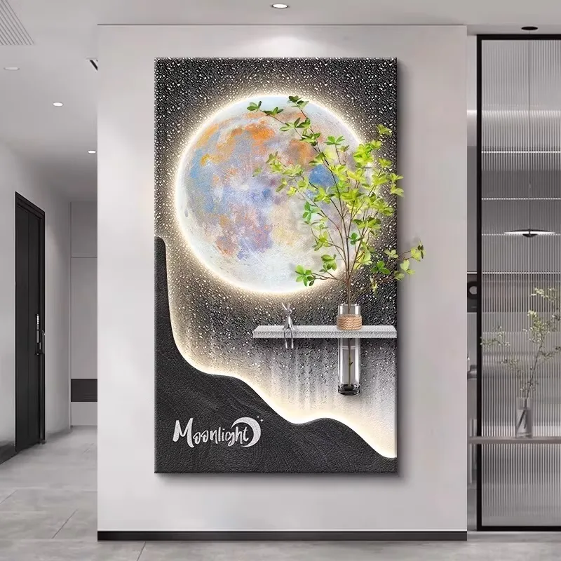 Factory Direct Sales of the Moon Art Decor Sandstone Painting Hydroponic Green Plants Corridor Aisle LED Painting