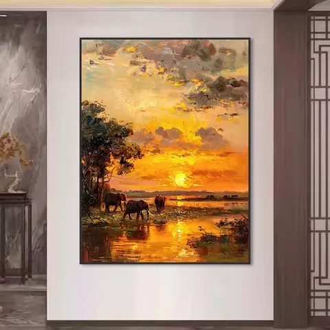 Factory Direct Sales Private Custom Semi-hand-painted Sunset Big Elephant Classical Landscape Art Home Decor Painting