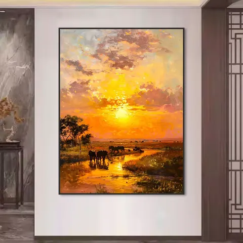 Factory Direct Sales Private Custom Semi-hand-painted Sunset Big Elephant Classical Landscape Art Home Decor Painting