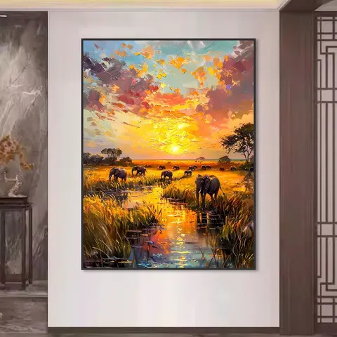 Factory Direct Sales Private Custom Semi-hand-painted Sunset Big Elephant Classical Landscape Art Home Decor Painting
