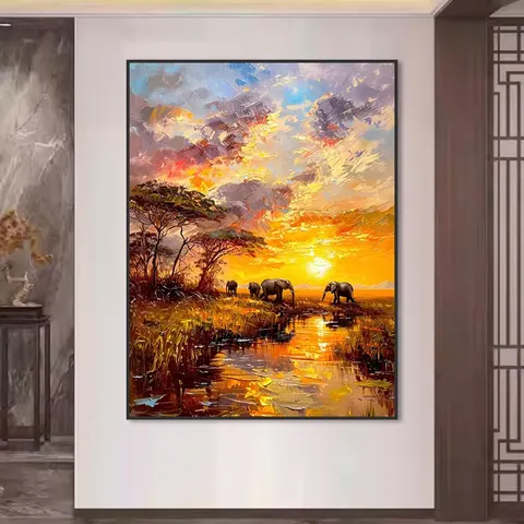 Factory Direct Sales Private Custom Semi-hand-painted Sunset Big Elephant Classical Landscape Art Home Decor Painting