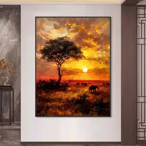 Factory Direct Sales Private Custom Semi-hand-painted Sunset Big Elephant Classical Landscape Art Home Decor Painting