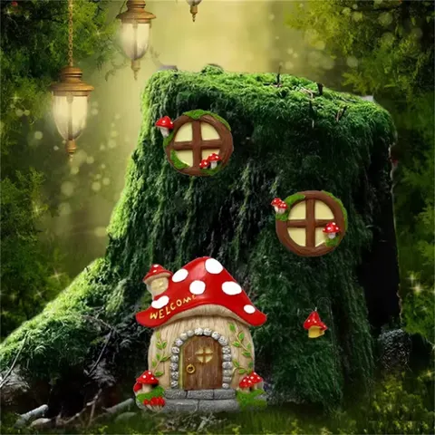 Factory Direct Sales Resin Luminous Light Mushroom House Decorative Items  Doors and windows Courtyard Decoration Hanging Piece