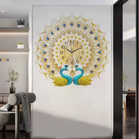 孔雀 单幅 装饰画 现代简约 客厅背景墙挂画 挂钟