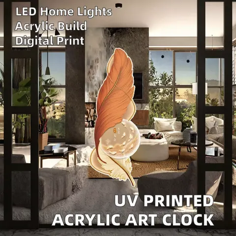 Factory Direct UV Printing Acrylic Feather Clock Painting Wall Art LED Home Improvement Lights Decorative Landscape