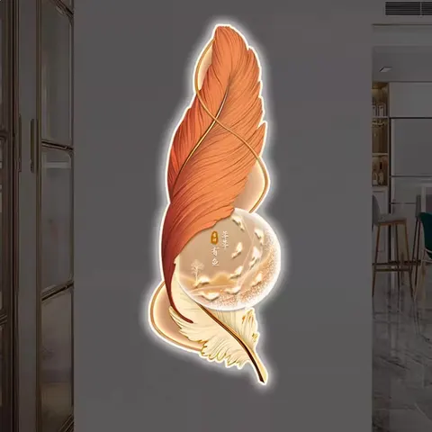 Factory Direct UV Printing Acrylic Feather Clock Painting Wall Art LED Home Improvement Lights Decorative Landscape