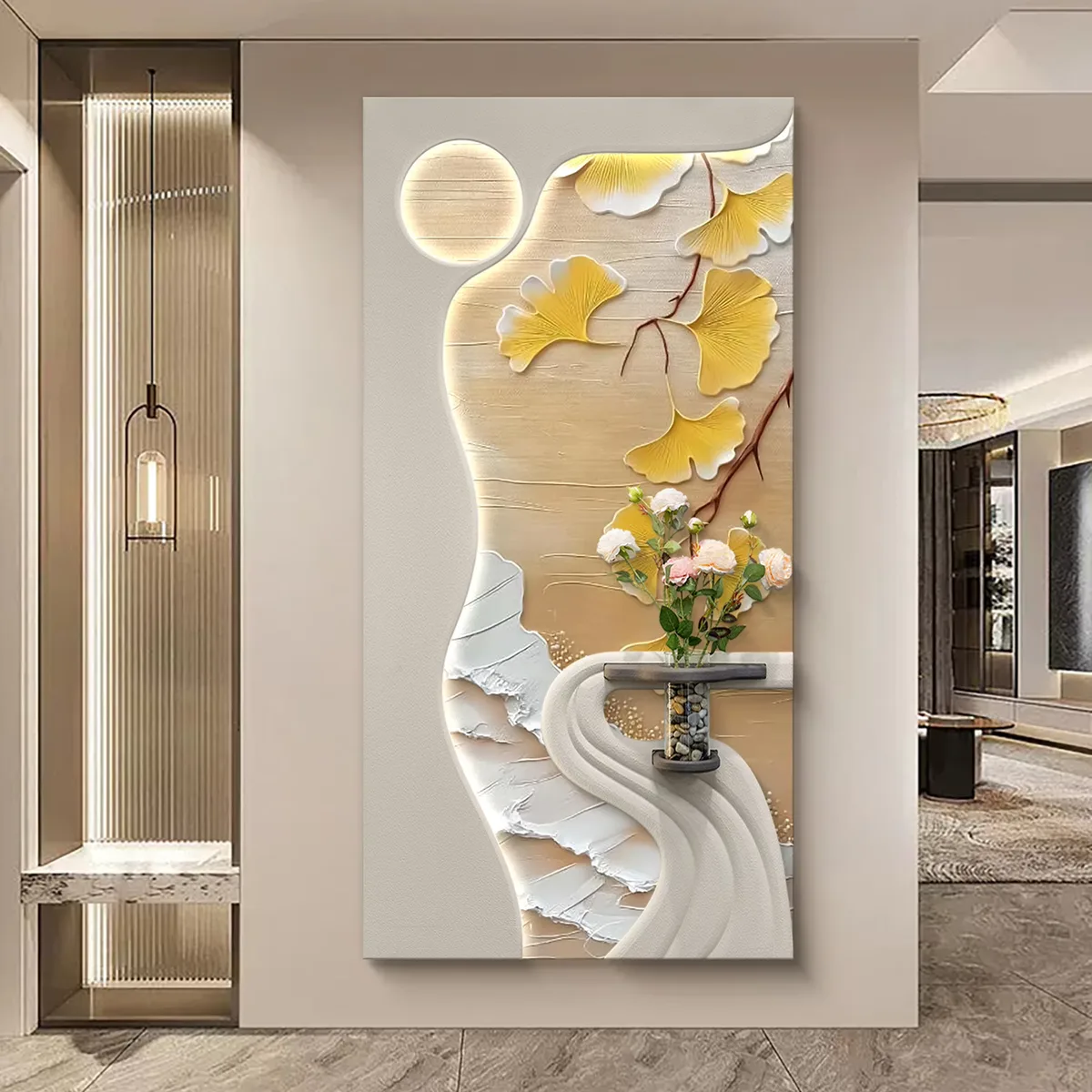 Factory Wholesale Apricot Leaf Entrance Hall Home Decor Painting Sandstone Styling Flower Glowed LED Painting